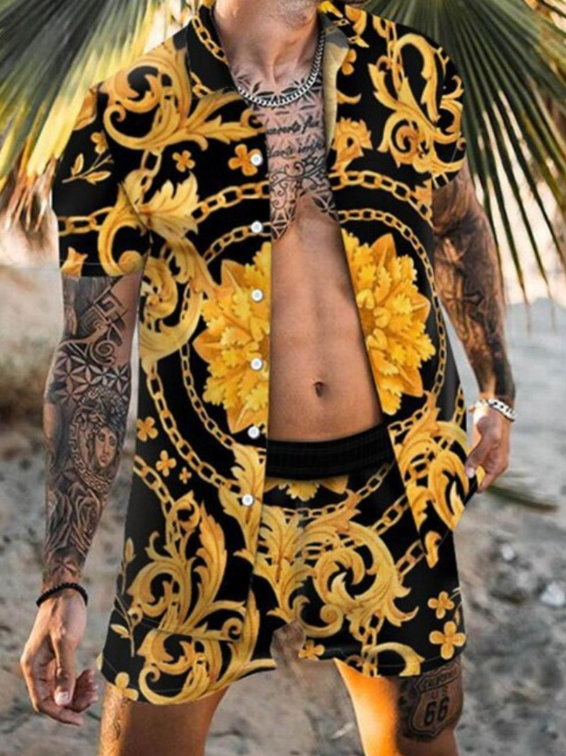 Men's Plus Size Printed Short Sleeve Shirt And Shorts Set 2