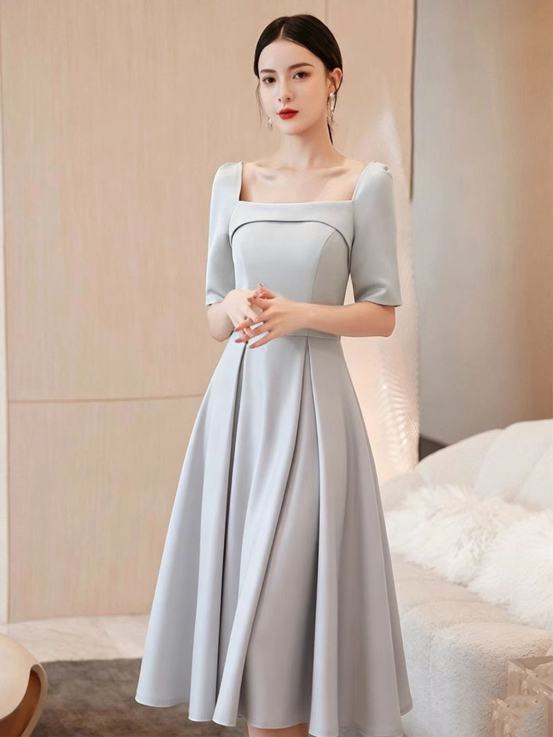 Oliva Square-Neck A-Line Midi Dress — Gray