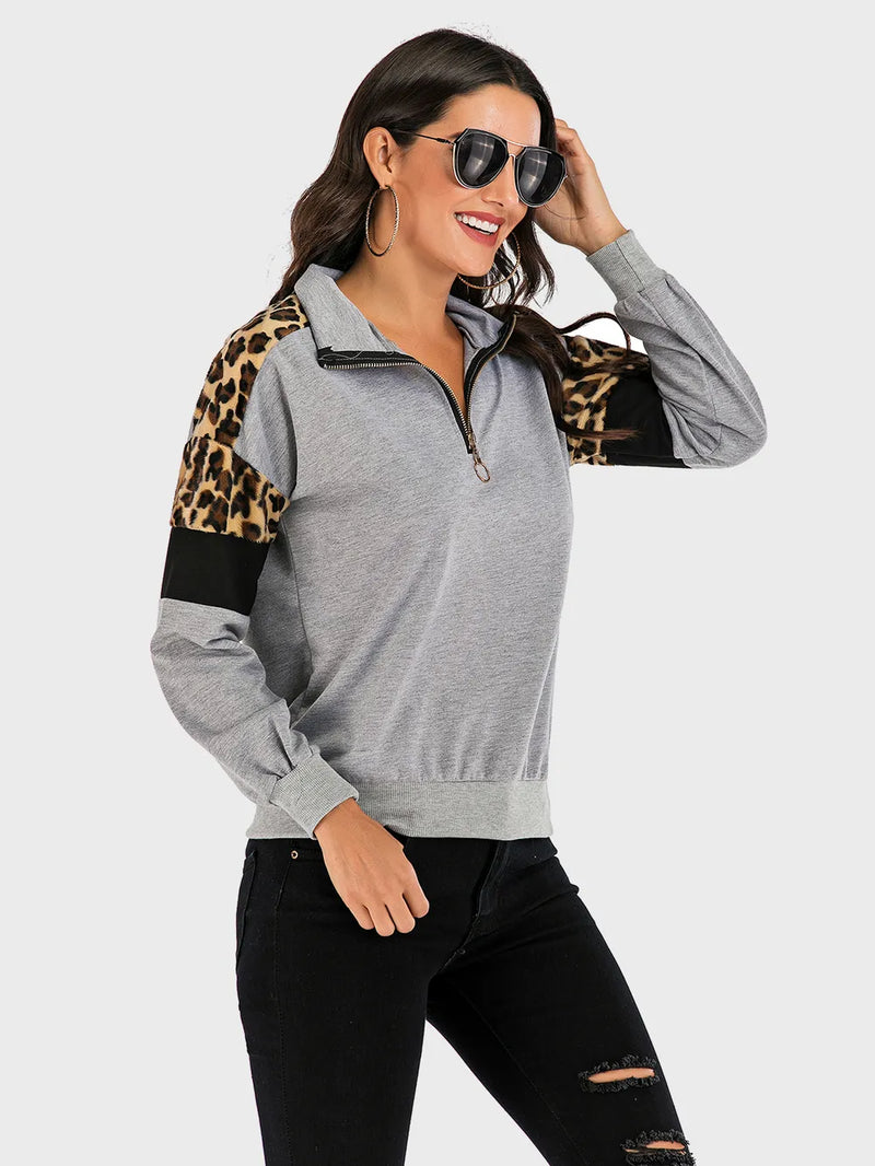 Perfee Contrast Leopard Half Zip Long Sleeve Sweatshirt 5