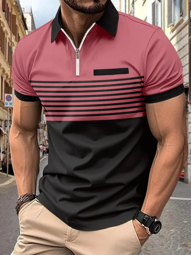 Men's Full Size Collared Neck Contrast Polo Plus Size | Hazel & June Dusty Pink