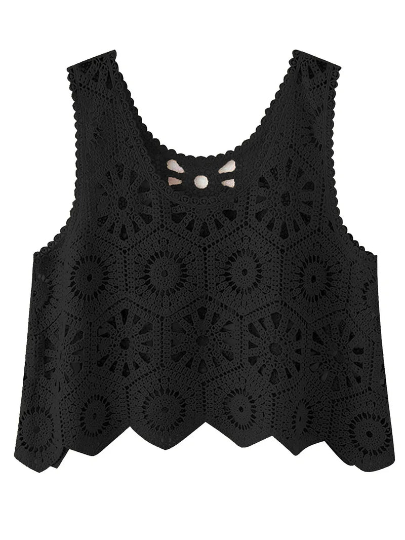 Openwork Round Neck Knit Vest | Hazel & June Black