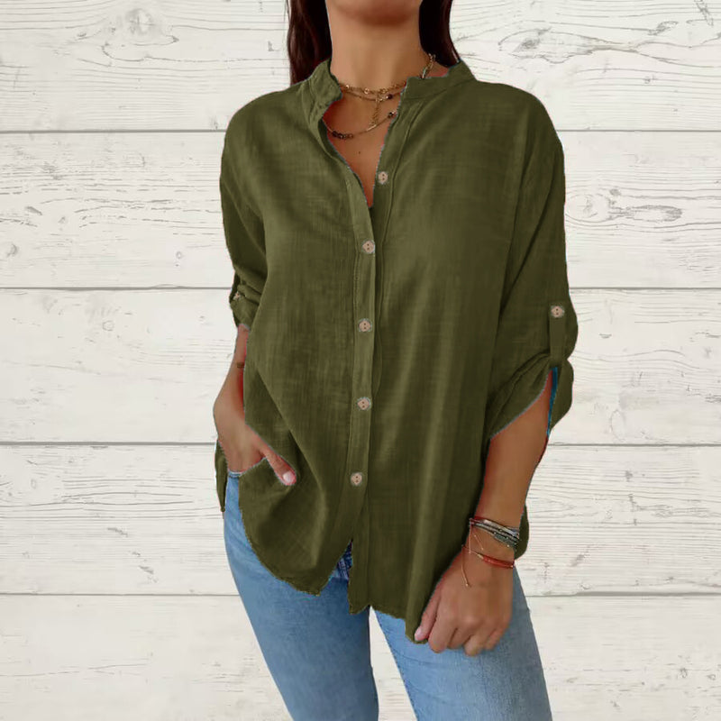 Margaux Linen Grandad Shirt — Army Green