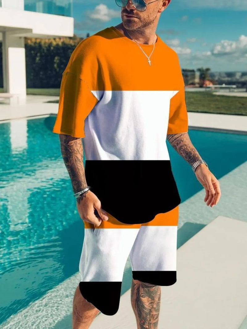 Men's Full Size Color Block Tee and Shorts Set Plus Size 1