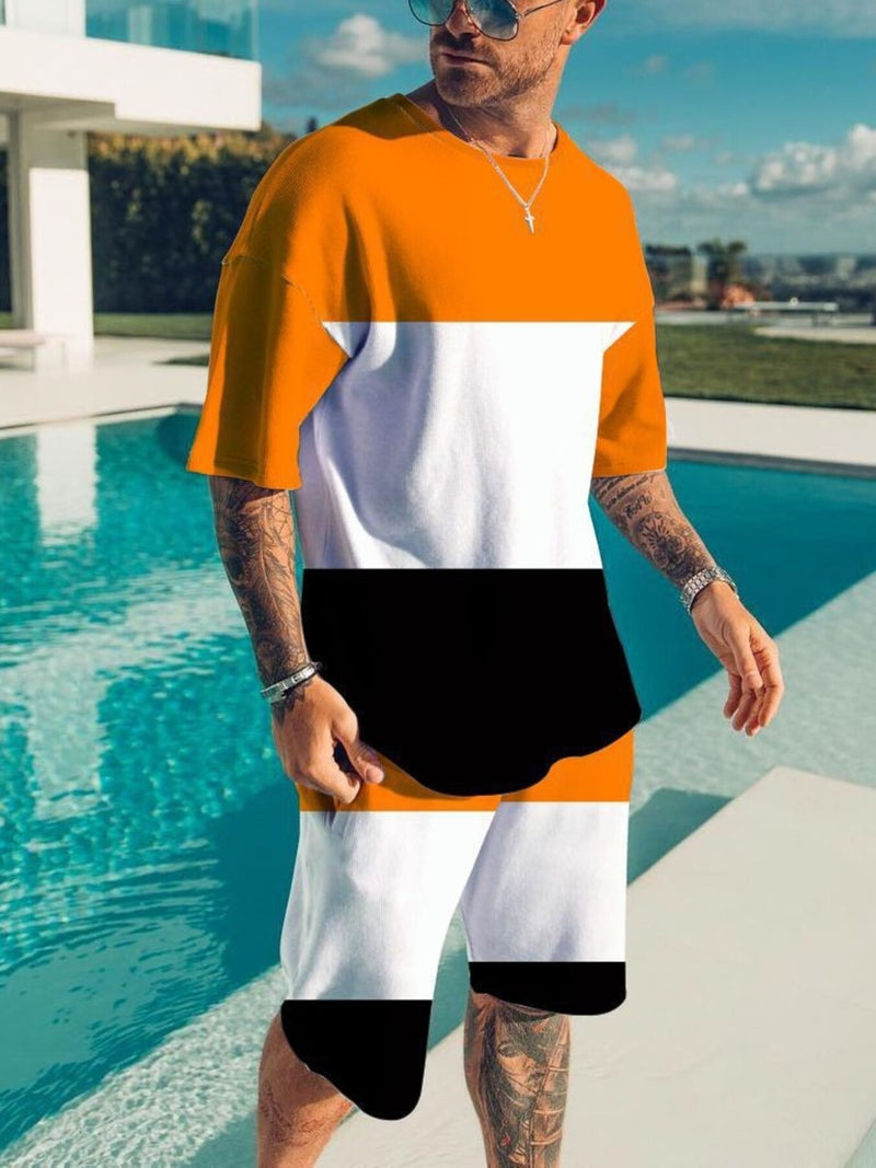 Men's Full Size Color Block Tee and Shorts Set Plus Size | Hazel & June Tangerine