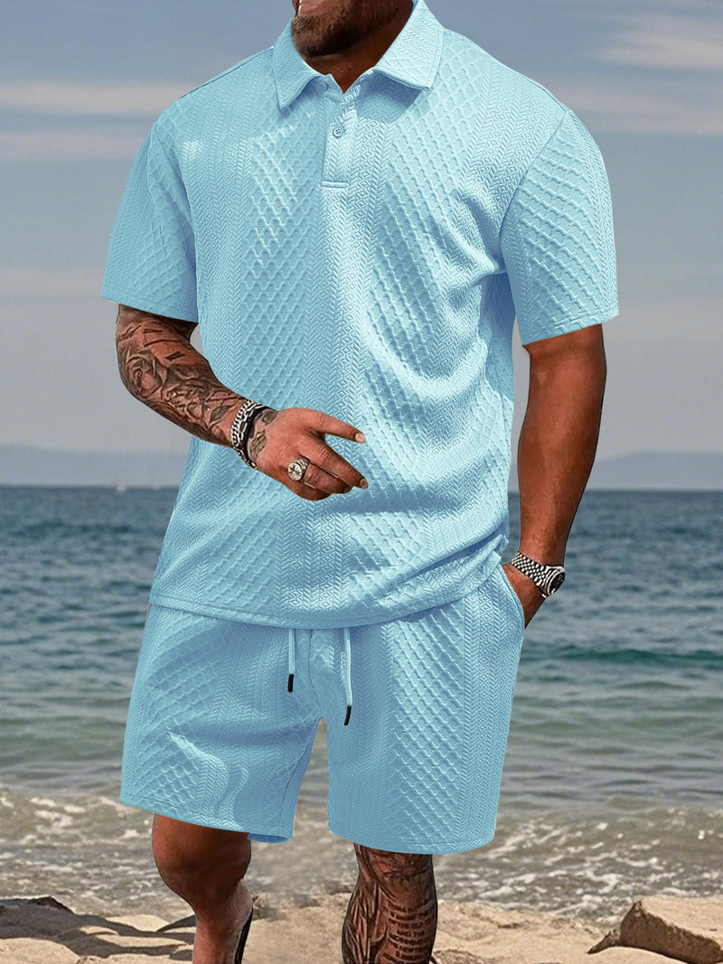 Men's Full Size Textured Knit Polo Shirt & Shorts Set Plus Size | Hazel & June Light Blue