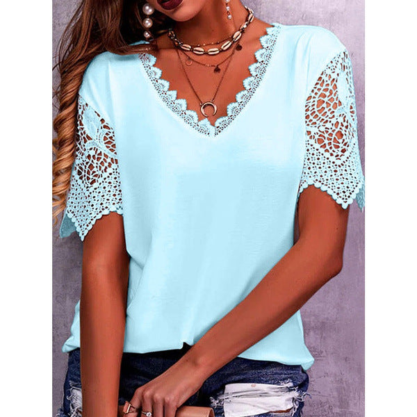 Lena Lace Sleeve V-Neck Top — Light blue
