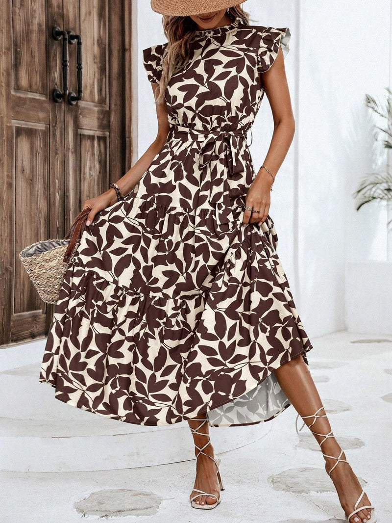 Rust Leaf-Print Ruffle Midi 2