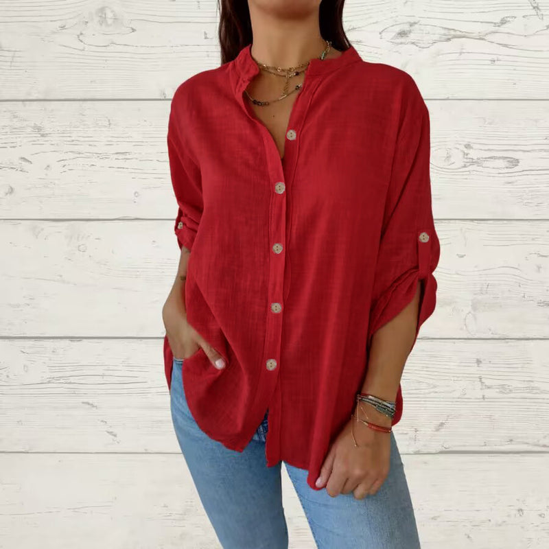 Margaux Linen Grandad Shirt — Red