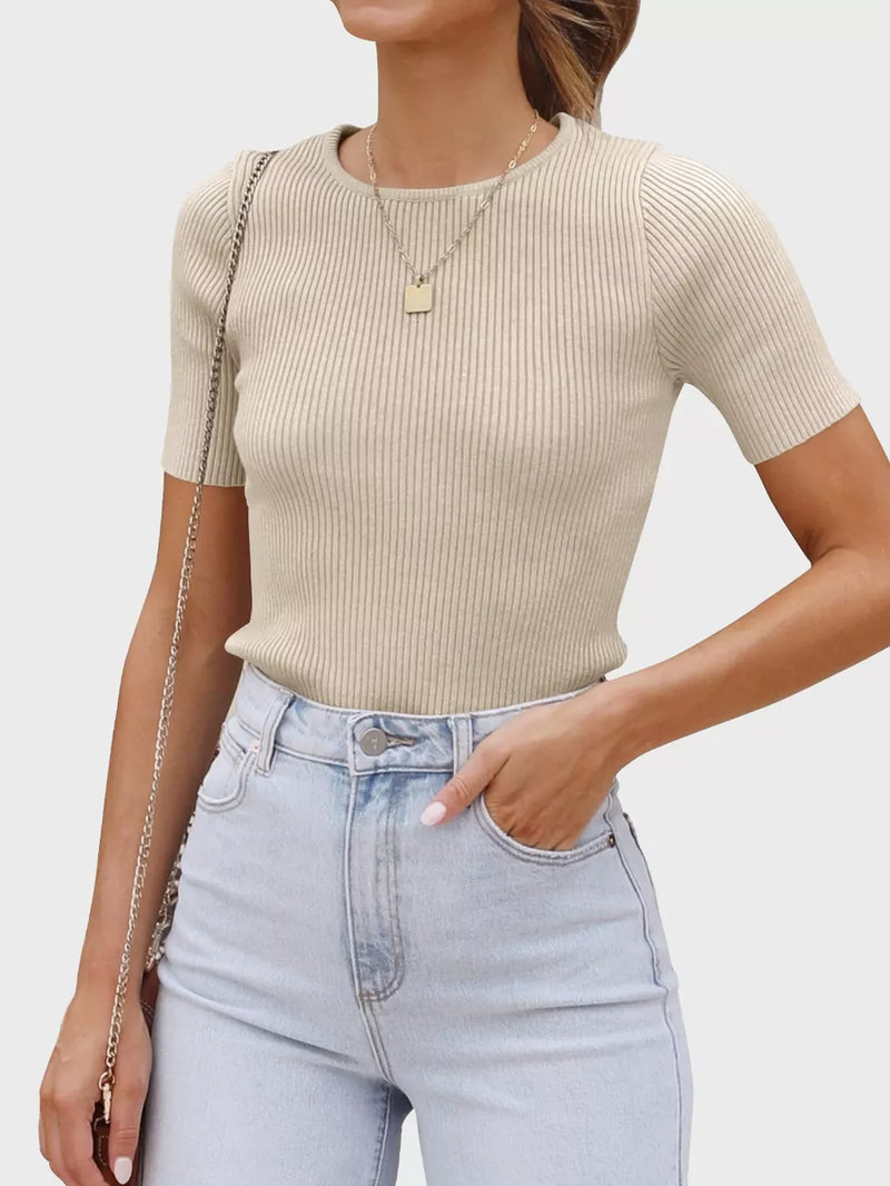 Round Neck Short Sleeve Knit Top | Hazel & June Beige