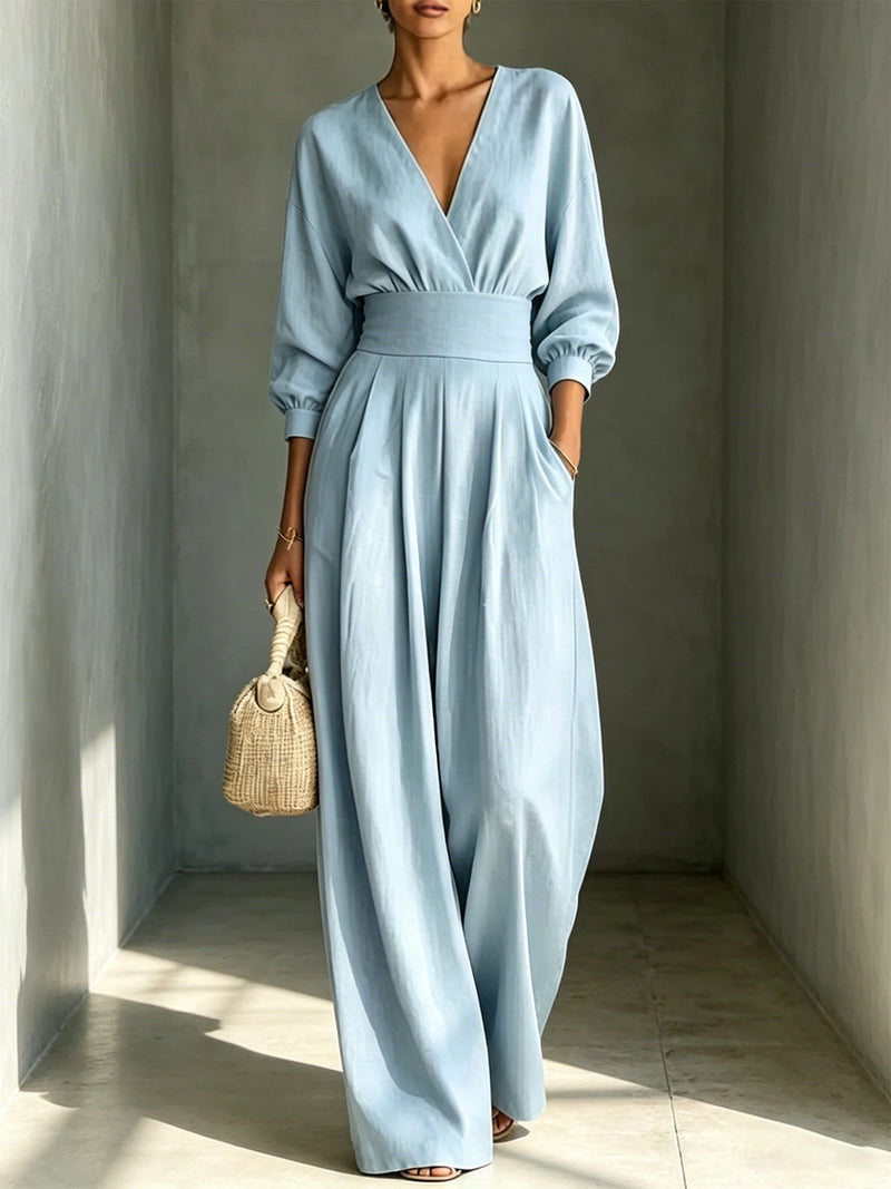 Fitted V-Neck Long-Sleeve Jumpsuit — Sky Blue