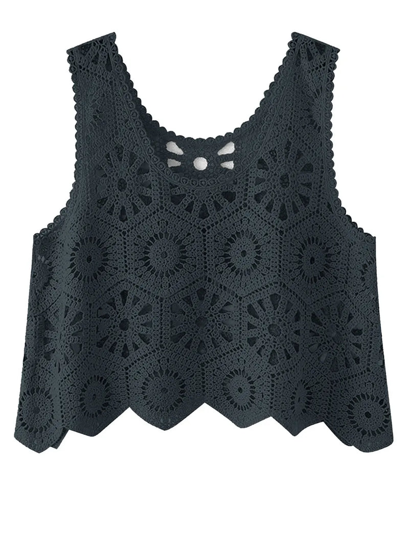 Openwork Round Neck Knit Vest | Hazel & June Dark Gray