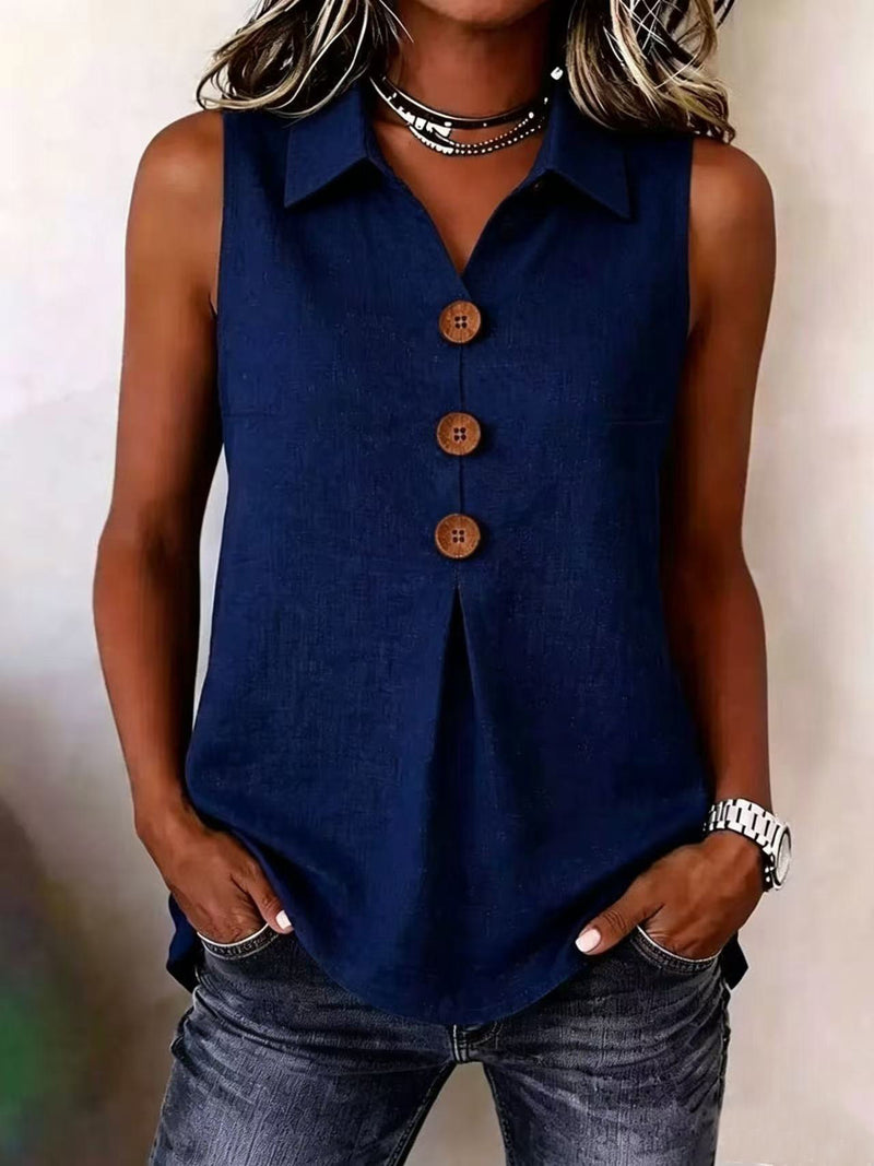 Cotton-Linen Notch-Neck Vest — Dark Blue