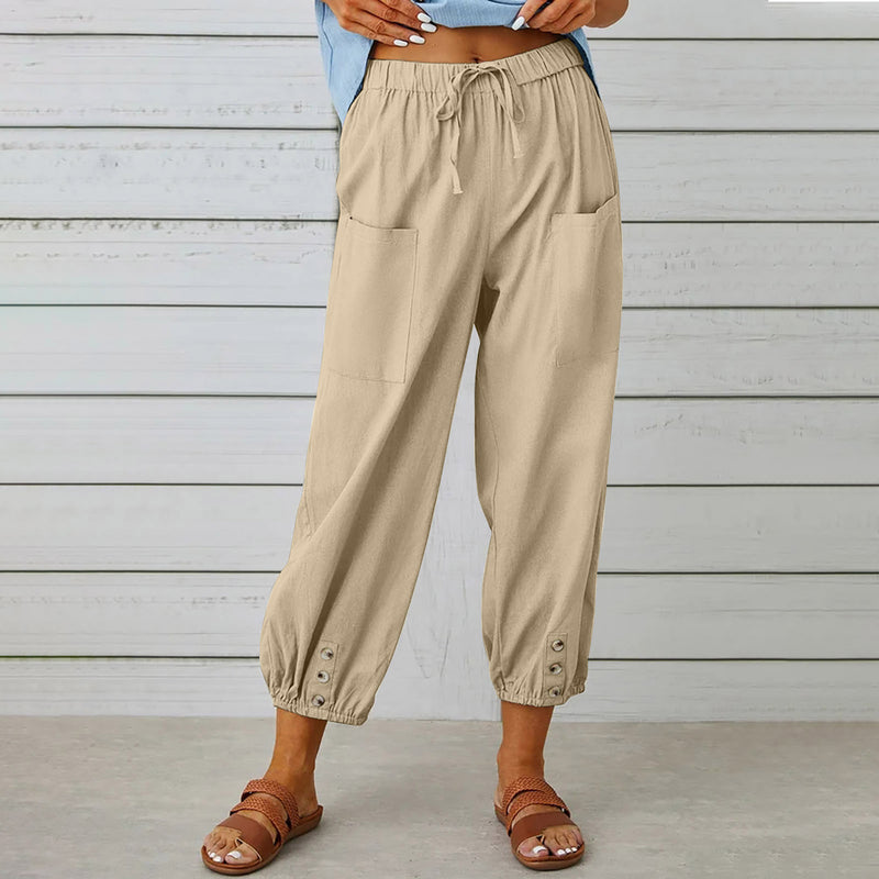 Isla Drawstring Linen-Look Pants — Khaki