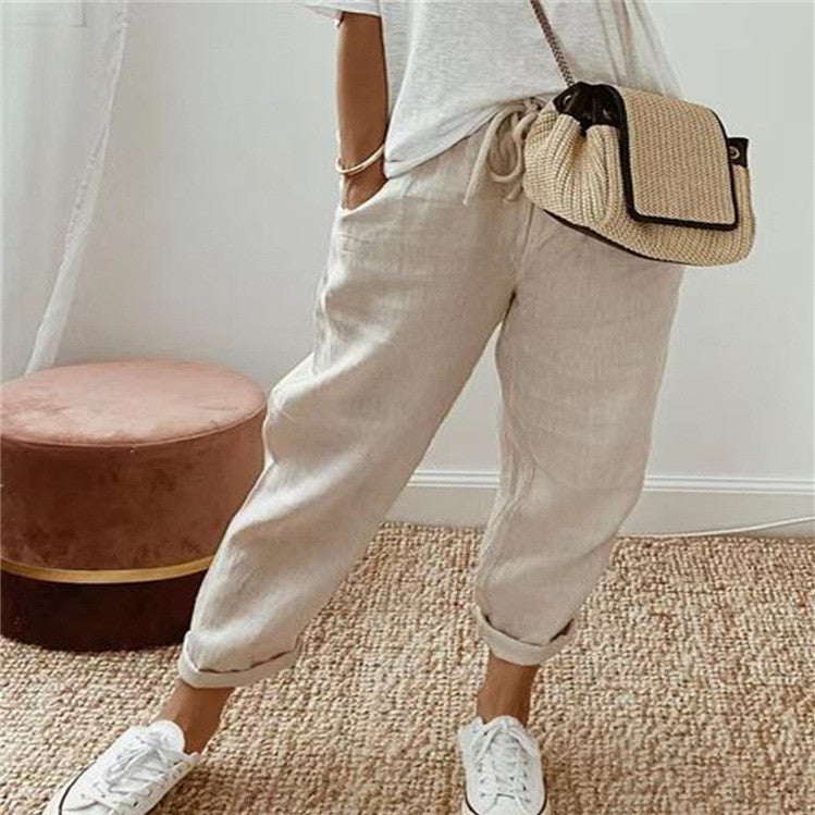 Beck Linen-Look Cotton Pants in Beige