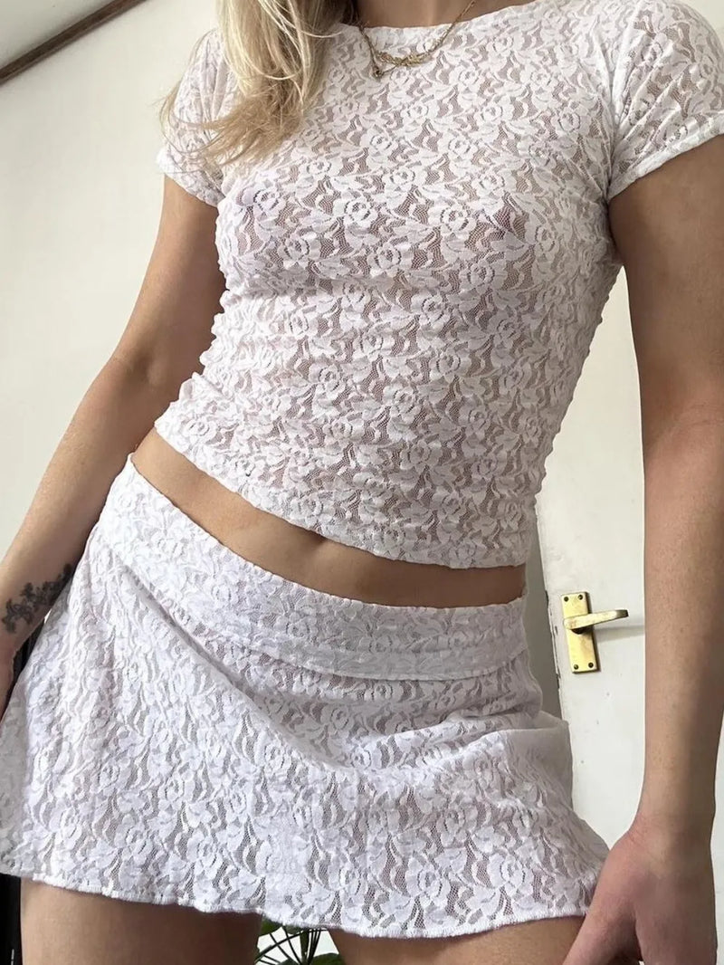 Lace Round Neck Short Sleeve Top and Skirt Set 1