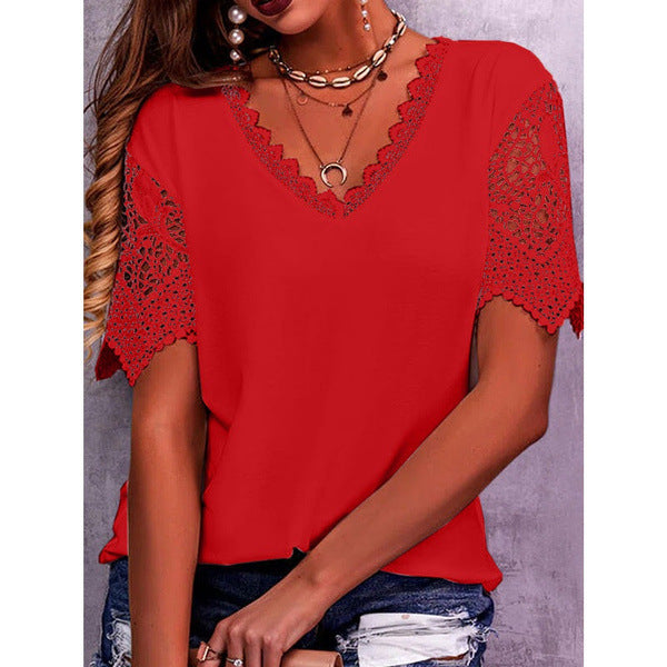 Lena Lace Sleeve V-Neck Top — Red