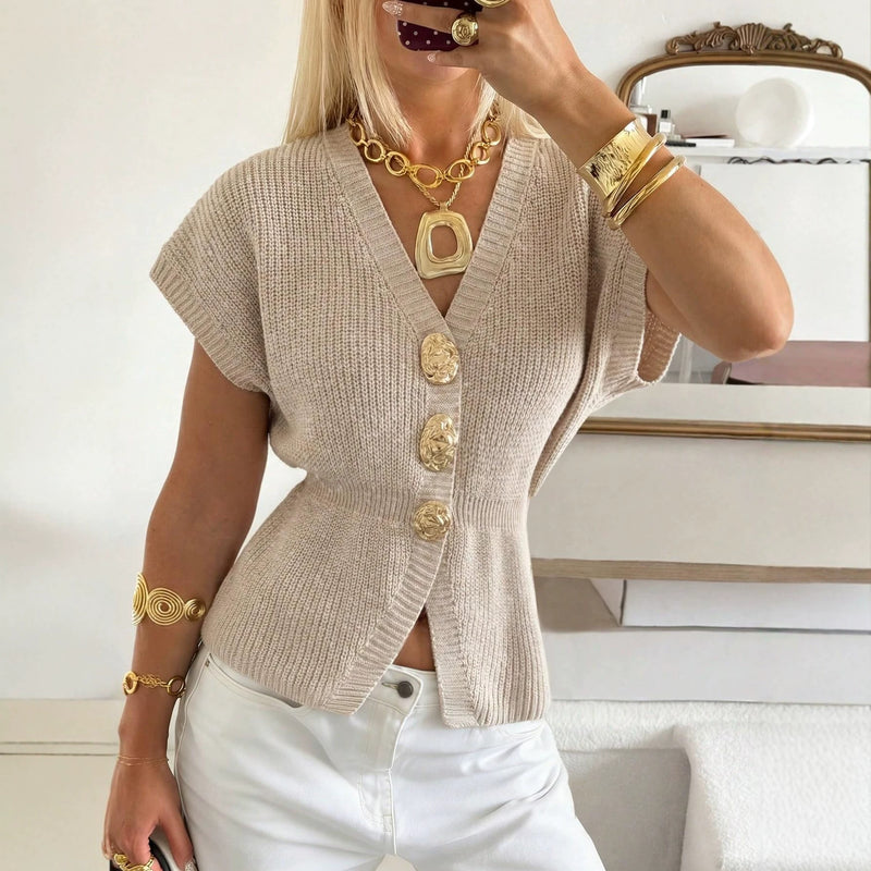 Beige Gold-Button Knit Vest 4