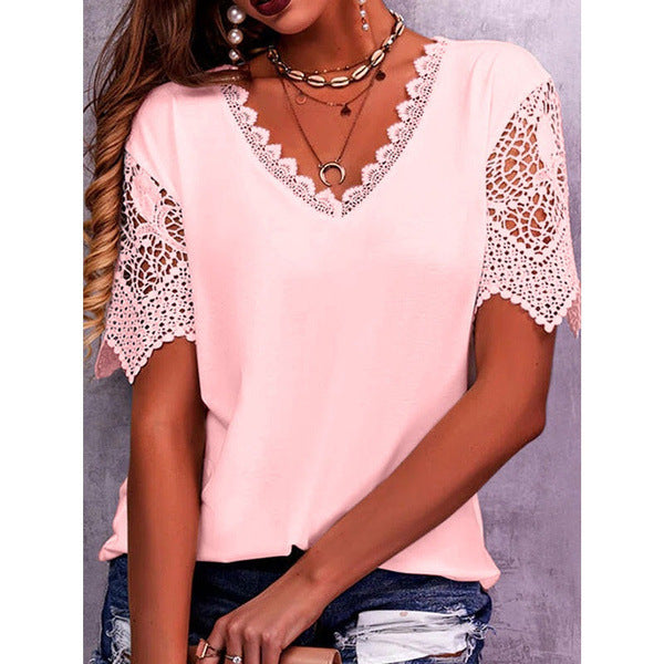 Lena Lace Sleeve V-Neck Top — Pink