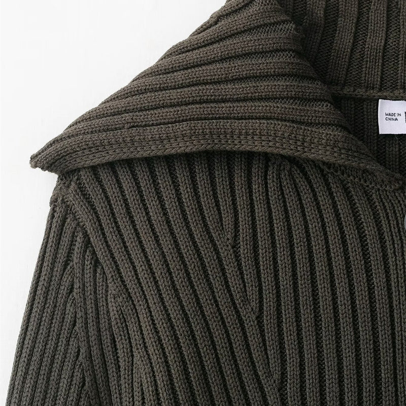 Olive Rib-Knit Shawl-Collar Cardigan 6