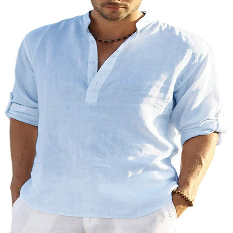 Grove Cotton Linen Stand Collar Shirt — Light Blue