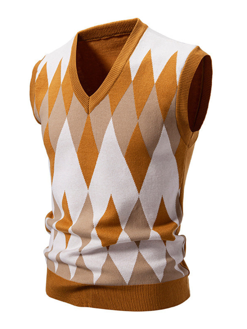 Men's Plus Size Diamond Pattern V-Neck Sweater Vest Yellow