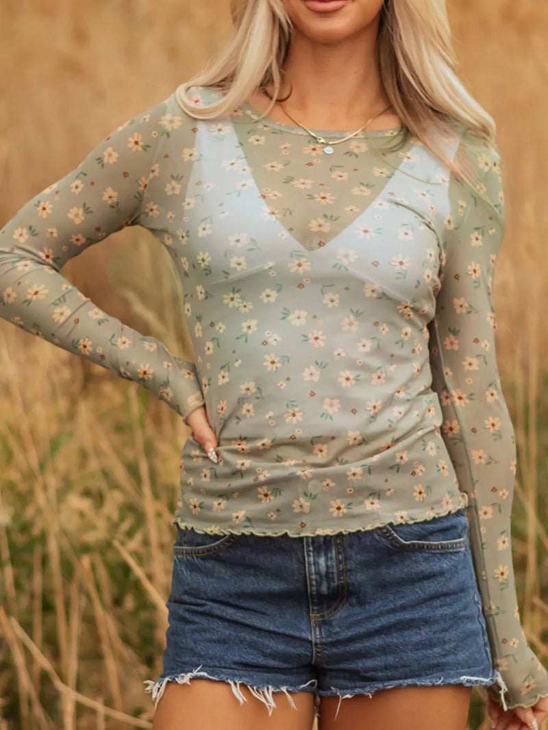 Floral Print Mesh Long Sleeve Top 1