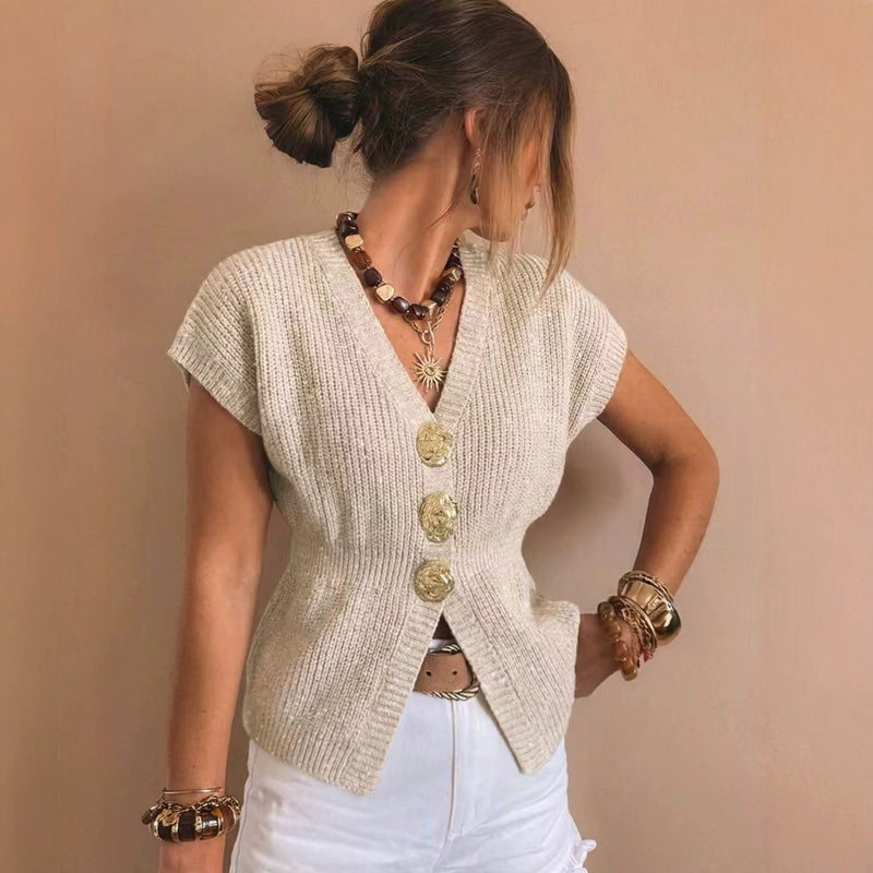 Beige Gold-Button Knit Vest 3