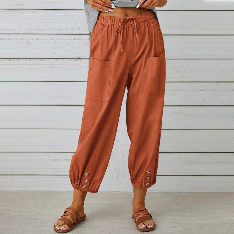 Isla Drawstring Linen-Look Pants — Brick Red