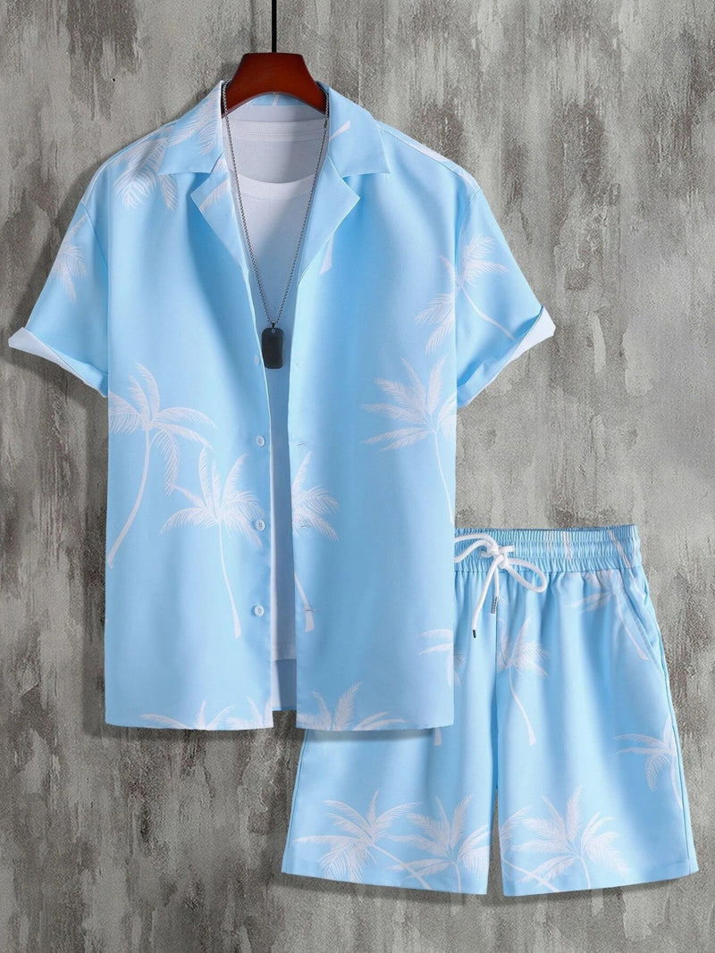 Men's Full Size Palm Print Button Up Shirt and Shorts Set Plus Size | Hazel & June Pastel  Blue