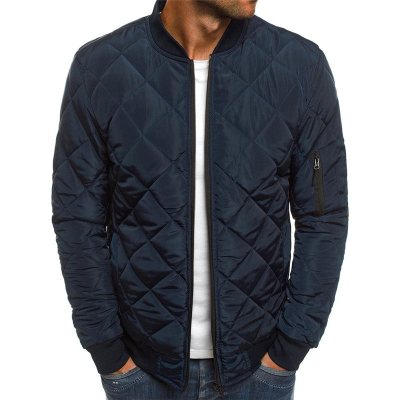 Alden Quilted Stand-Collar Coat — Navy Blue