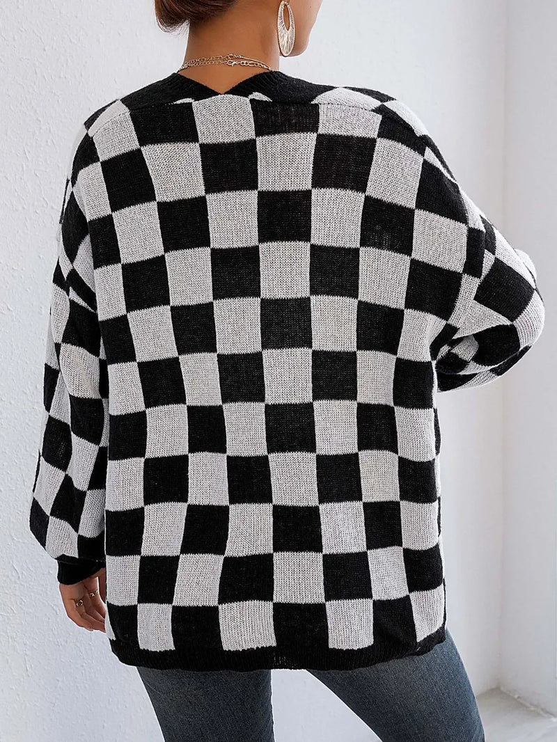 Checkered Open Front Long Sleeve Cardigan 2