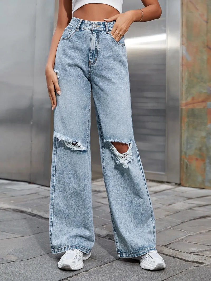 Distressed Wide Leg Jeans with Pockets | Hazel & June Light