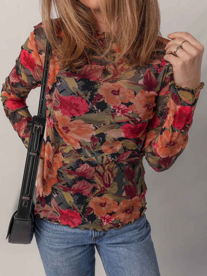 Multicolour Floral Print Lettuce Trim Long Sleeve Mesh Top 5