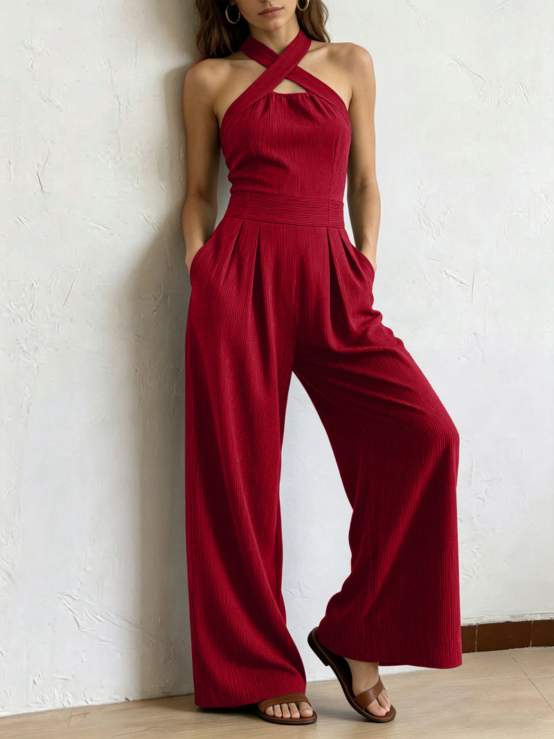 Cross-Halter Wide-Leg Jumpsuit — Red