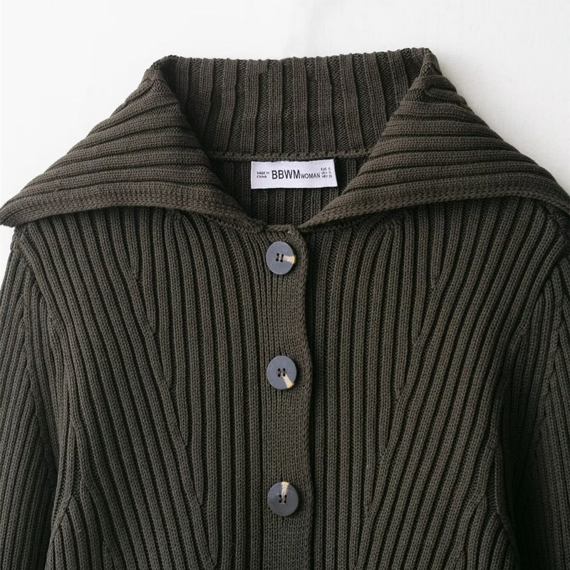 Olive Rib-Knit Shawl-Collar Cardigan 1