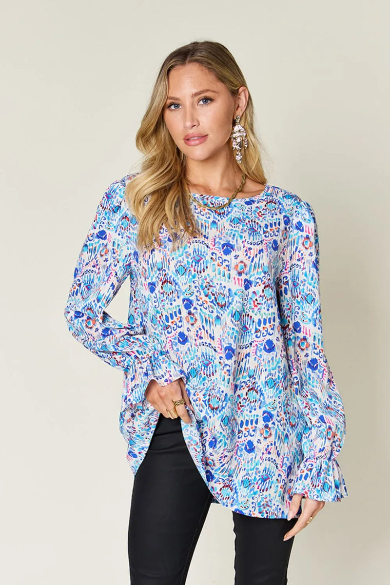 Double Take Full Size Printed Flounce Sleeve Blouse | Hazel & June Sky Blue