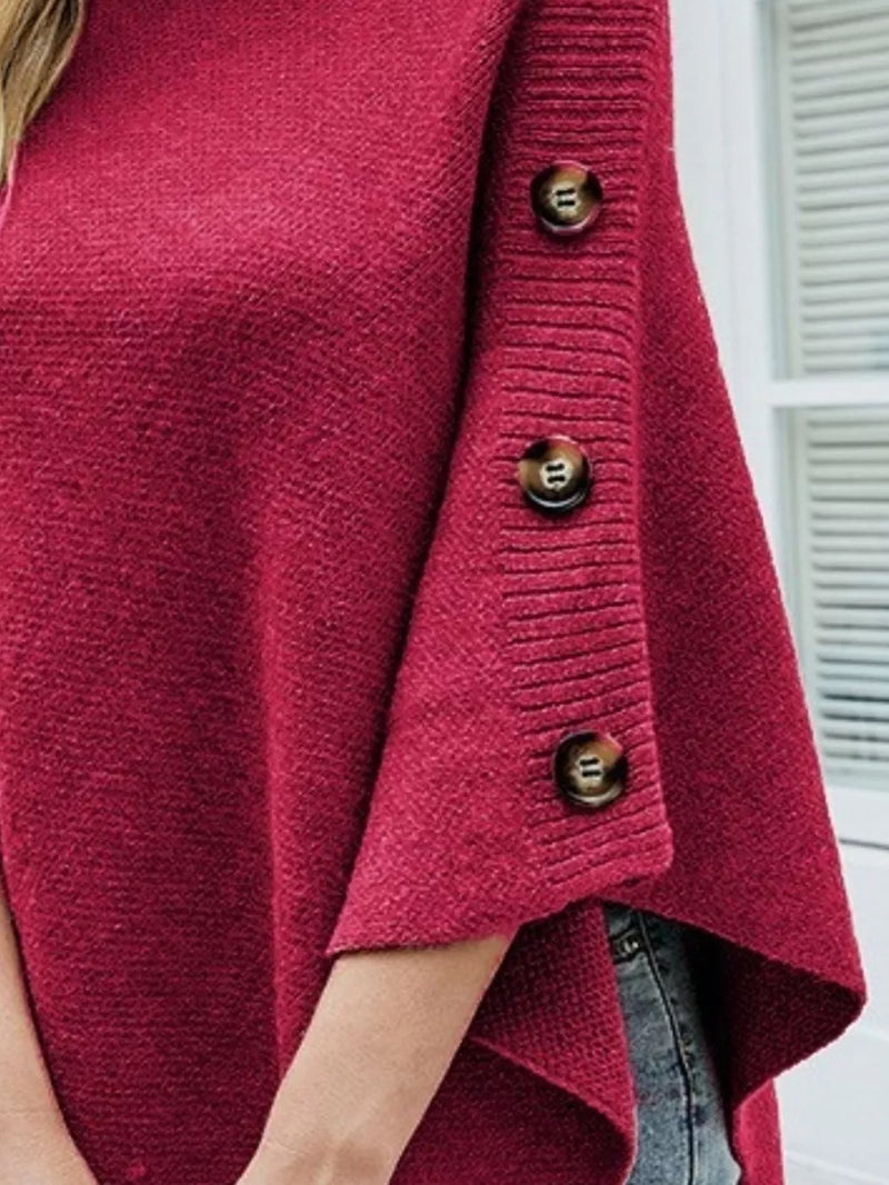 Button-Decor Turtleneck Poncho Pullover 8