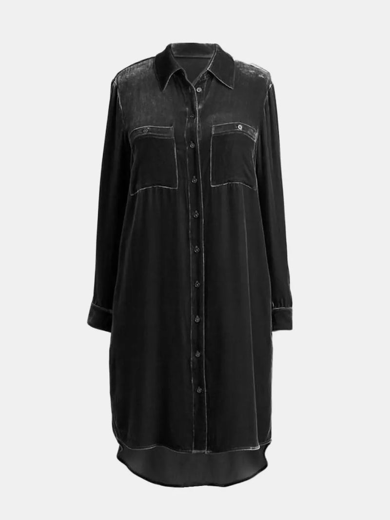 High-Low Button Up Long Sleeve Knee Length Dress 3