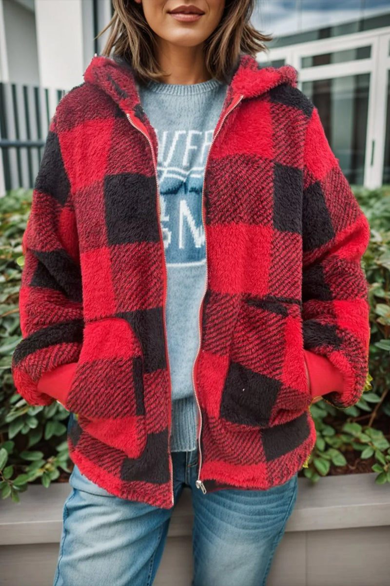 Double Take Full Size Plaid Long Sleeve Hooded Coat 3