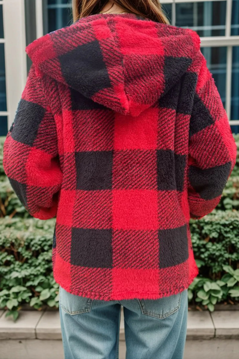 Double Take Full Size Plaid Long Sleeve Hooded Coat 2