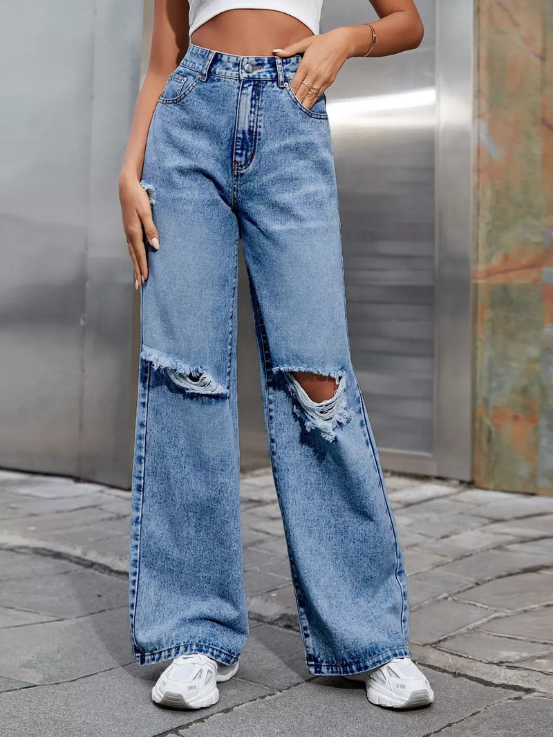Distressed Wide Leg Jeans with Pockets 5