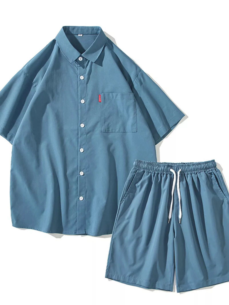 Men's Plus Size Casual Solid Color Shirt & Shorts Set 2
