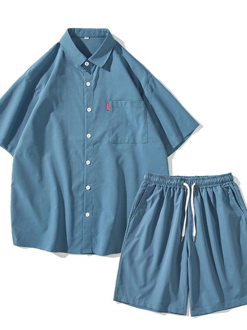 Men's Plus Size Casual Solid Color Shirt & Shorts Set | Hazel & June French Blue