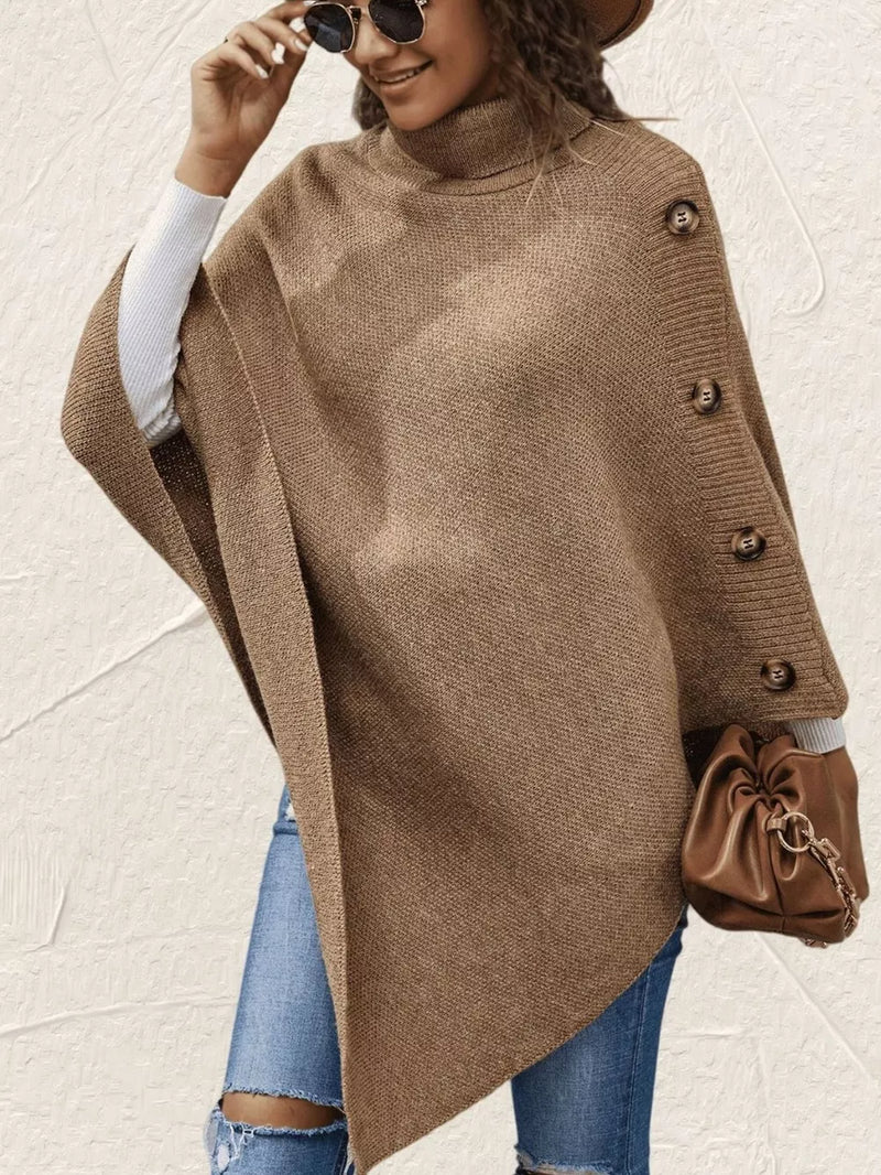 Button-Decor Turtleneck Poncho Pullover | Hazel & June Khaki