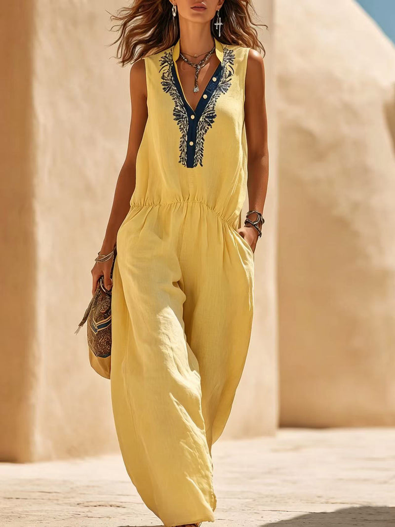 Embroidered-Yoke Linen Wide-Leg Jumpsuit — Yellow