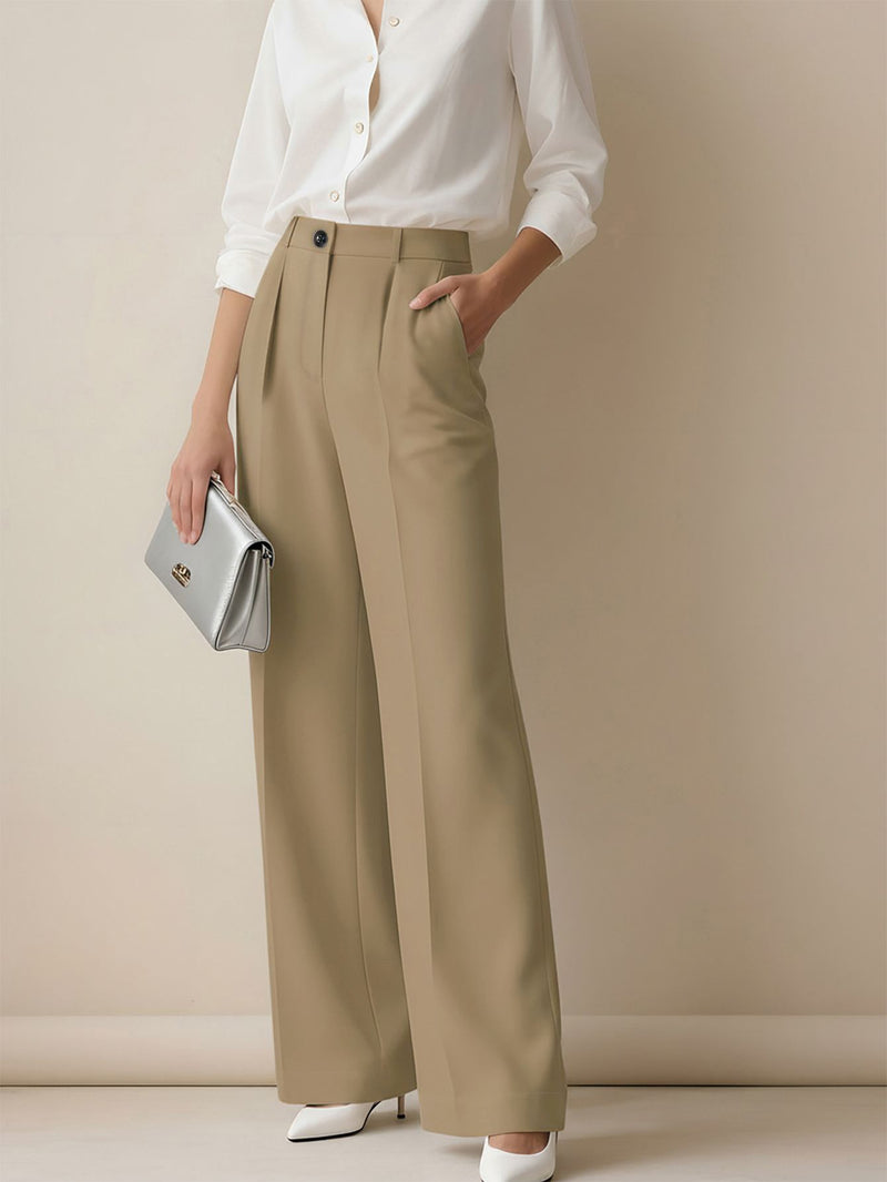 Margot Pleated Wide-Leg Trousers — Green Coffee Color
