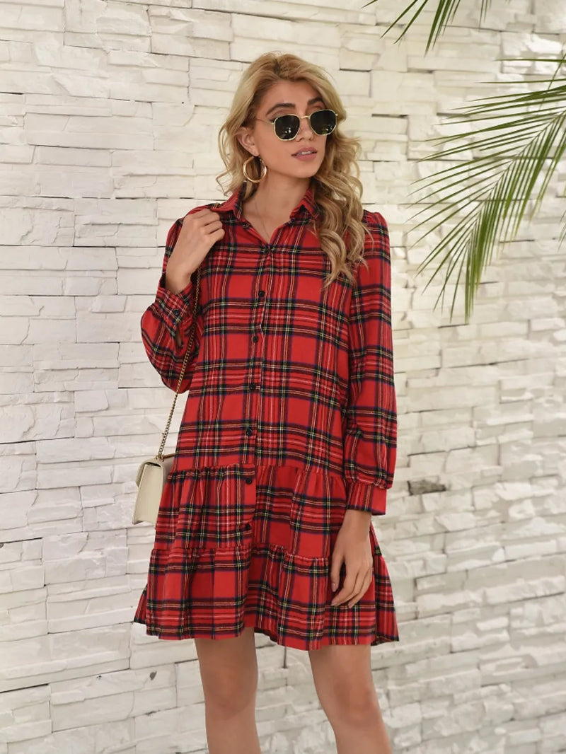 Ruffle Hem Plaid Button Down Long Sleeve Dress 6