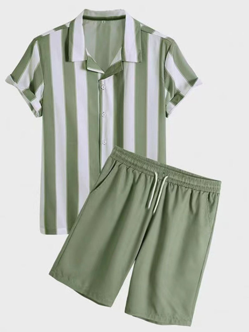 Men's Full Size Striped Casual Shirt And Shorts Set Plus Size 1