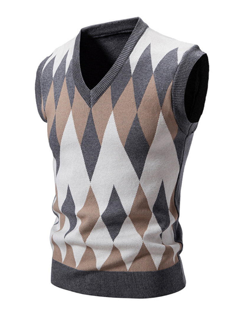 Men's Plus Size Diamond Pattern V-Neck Sweater Vest Gray