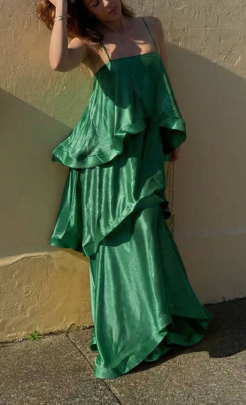 Saona Tiered Satin Maxi Dress — Green